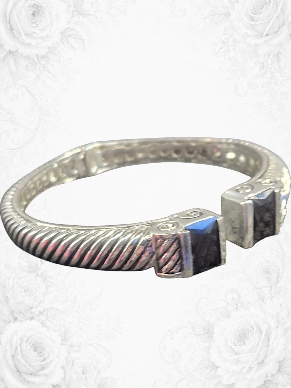Brighton Cable Cuff Bracelet with Black Stones Silver Tone
